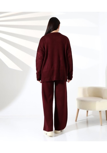 Rahat Kalıp Kol Detaylı Triko Takım Bordo