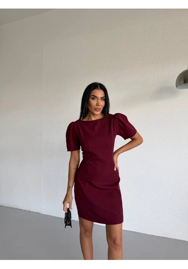 Modalima Bordo Kayık Yaka Kısa Kollu Mini Elbise Çok Renkli