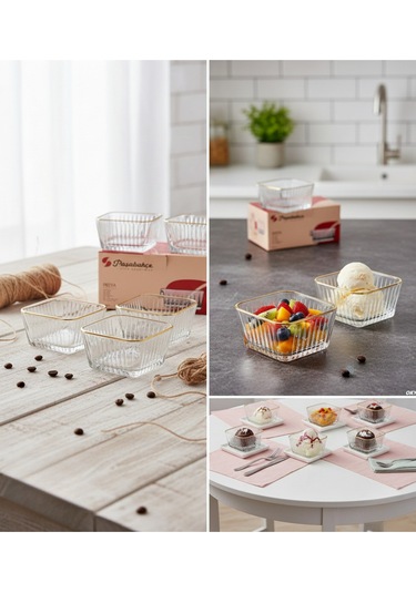 Assa Bazaar Paşabahçe Frezya 4 Lü Yaldızlı Kase Seti Dondurmalık, Çerezlik & Hediyelik Sofra Aksesuarı Beyaz