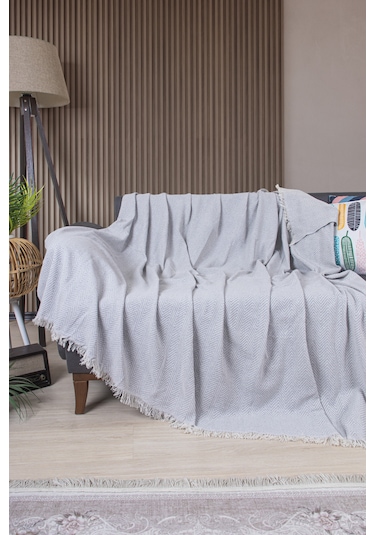 Pamuklu Zikzak Desenli Püsküllü Koltuk Örtüsü 170x210 Cm Dekoratif Ve Çok Amaçlı Gri
