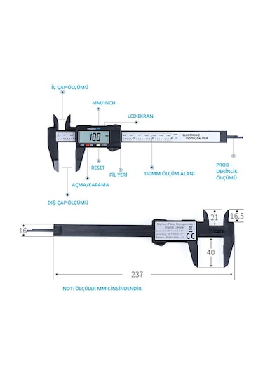 Dijital Karbon Fiber Kumpas 150mm Pil Dahil + 30cm Çelik Cetvel