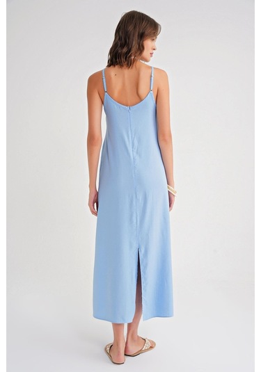 4742 Kadın İp Askılı Büzgü Detaylı Midi Elbise Bebe Mavi Bebe Mavi