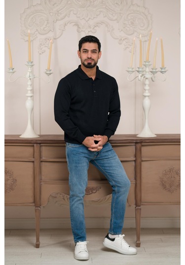 Woolen World Polo Yaka Düz Renk Yünlü Erkek Triko Kazak Lacivert