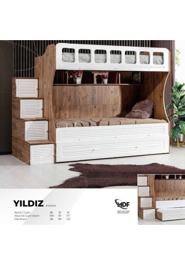 Yıldız Mdf Merdivenli Üçüz Ranza Atlantik Çam - Beyaz