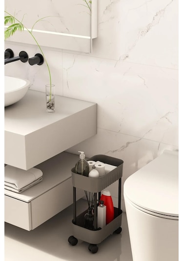 Çok Amaçlı 2 Katlı Banyo Dolabı, Evye Altı Düzenleyici Dolap Içi Tezgah Altı Tekerlekli Organizer - Gri