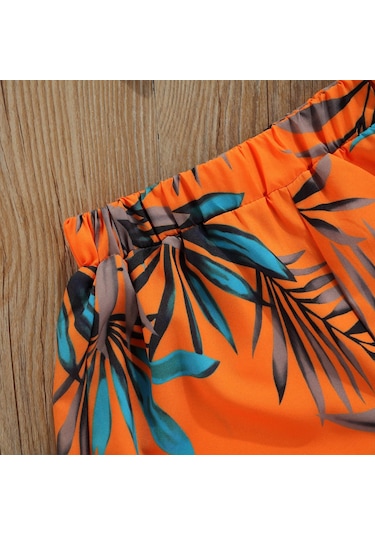 Kız Üstleri, Şortlu Takım, Ilmek Askılı Yazlık Gömlek Yaprak Baskılı Plaj Yeleği Bol Pantolon, Turuncu