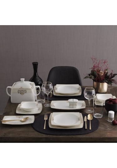 Güral Porselen Beyaz Carolıne Kare Bone Yemek Takımı 85 Parça
