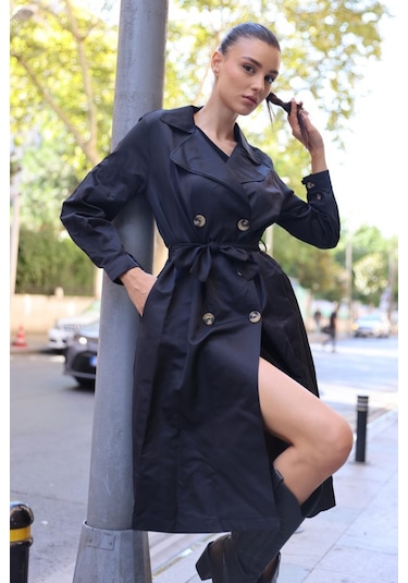 The İstanbul 5853 Kruvaze Yaka Trençkot - Siyah Siyah
