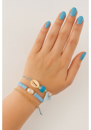 3lü Deniz Kabuğu İncili Boncuklu Püsküllü Asansörlü Lastikli İp Bileklik. Kadın İp Bileklik Halhal Çok Renkli