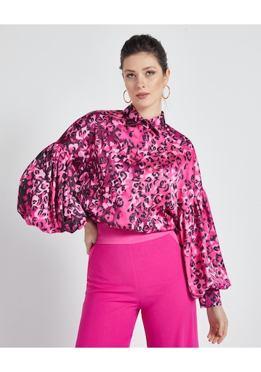 Kadın Leopar Desenli Gömlek - Balon Kol - Saten - Modern Ve Şık Tasarım - Günlük Ve Özel Gün Kullanımı İçin Gömlek Fuşya