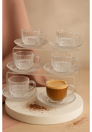 Elta Collection Cam Espresso & Türk Kahvesi Fincanı Seti 6 Kişilik Lüks Desenli Cam Bardak Takımı Çizgili Şeffaf