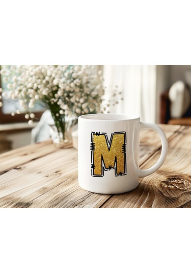M Harfi Gold Simli Kupa Işıltılı Alfabe Harf Tasarımlı Kahve Kupası - Kişiye Özel Hediye Beyaz