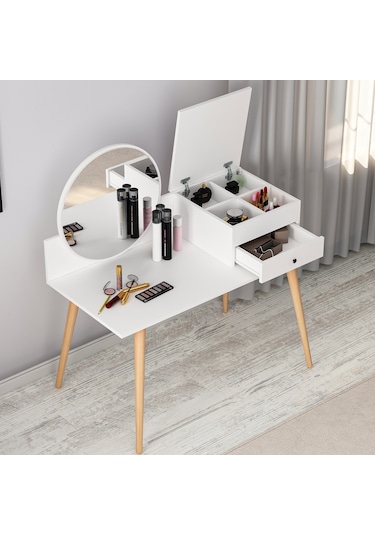 Angel Aynalı Fonksiyonel Makyaj Masası – Çekmeceli ve Gizli Takı Bölmeli, Beyaz