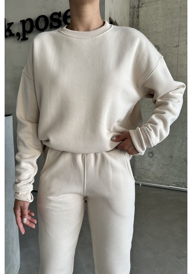 Modagen Unisex Bej Bisiklet Yaka Düz Oversize Alt-üst Eşofman Takımı Bej