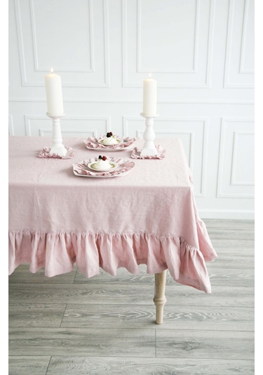 Buldan Keten Fırfırlı Vintage Pastel Pembe Masa Örtüsü