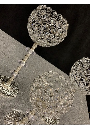 Kristal Taşlı Ayaklı Gümüş Şamdan 3'lü Set Gold