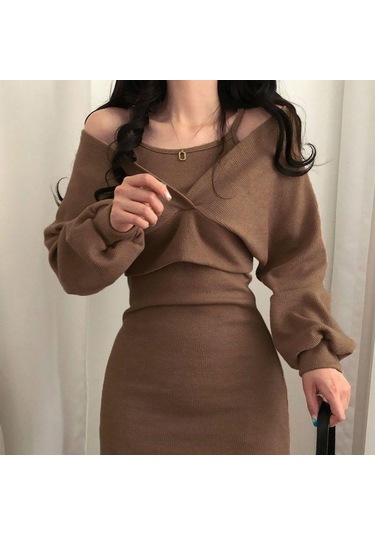 Fransız Mizaç Kayma Elbise + Bluz T-shirt Uzun Kollu Takım Elbise Kadın Ince Düz Renk Elbise Siyah