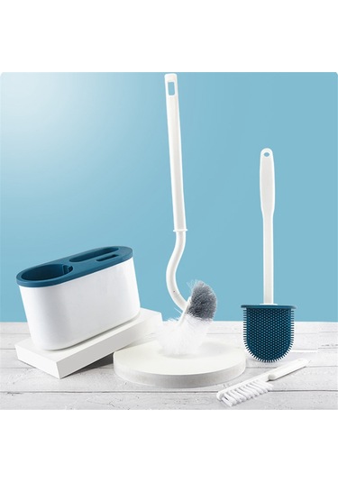 3'ü 1 Arada Beyaz Tuvalet Fırçası Silikon Duvara Monte Raf Wc Banyo A Mavi Ve Beyaz