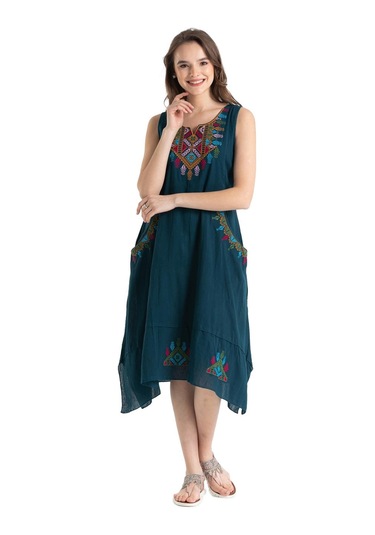 Kolsuz Şile Bezi Antik Nakışlı Midi Boy Elbise Petrol Ptrl-petrol