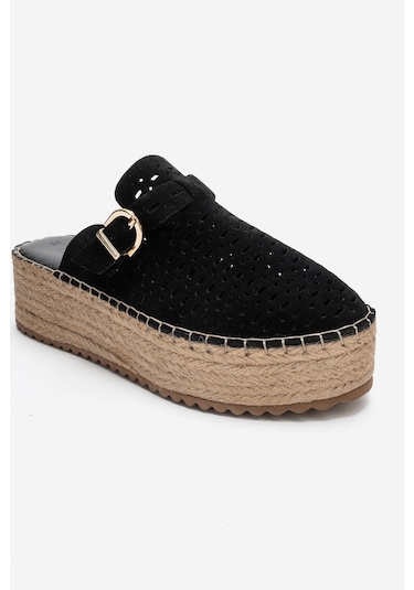 Luvishoes Louıs Siyah Süet Hakiki Deri Burnu Kapalı Hasır Dolgu Taban Terlik Siyah
