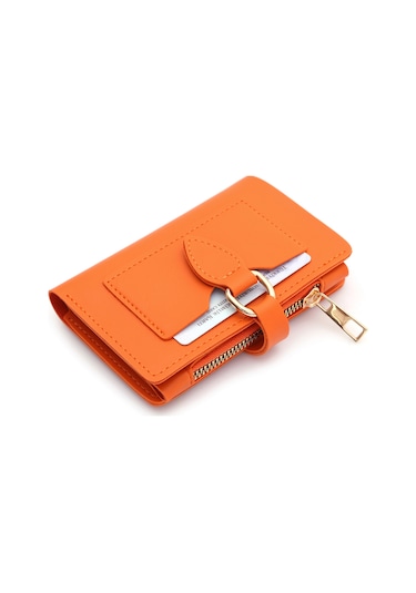 Soft Yumuşak Suni Deri Fermuar Bölmeli Trend Kadın Cüzdan Turuncu Turuncu