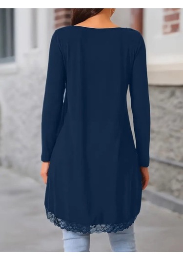 Kadın Uzun Kollu Bisiklet Yaka Asimetrik Kesim Detaylı Dantelli Viskon Bluz Lacivert