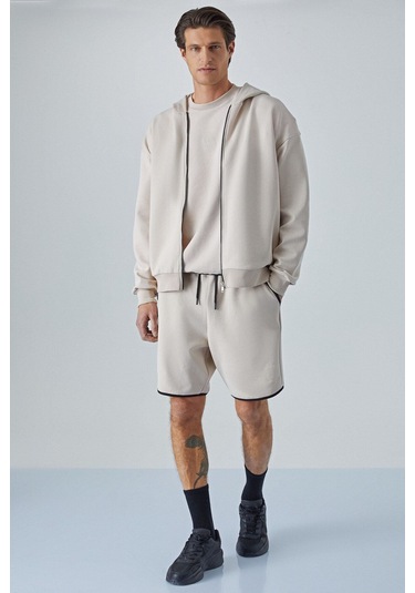 GRIMELANGE Ralf Erkek Kapüşonlu Uzun Kol Baskı Detaylı Fermuarlı Oversize Açık Gri Ceket Açık Gri