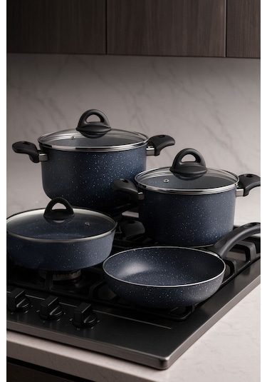7 Parça Almeria Gri Granit Dik Tencere Ve Tava Seti 20 Cm 2.5l, 24 Cm 4.5l, 26 Cm 3l, 26 Cm Tava Lacivert