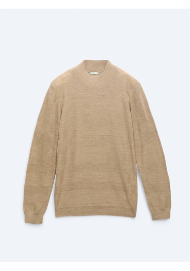 Deve Tüyü Yarım Balıkçı Yaka Jakarlı Yün Karışımlı Triko Bej