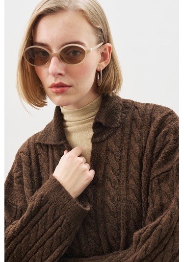 Yakalı Saç Örgü Kazak Kahverengi Kahverengi