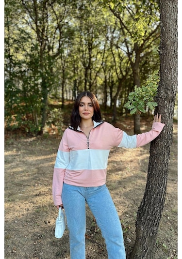 WeShaya Kadın Pembe Uzun Kol, Dik Yaka, Fermuarlı, Double Color Block Basic Sweatshirt Bluz Pembe