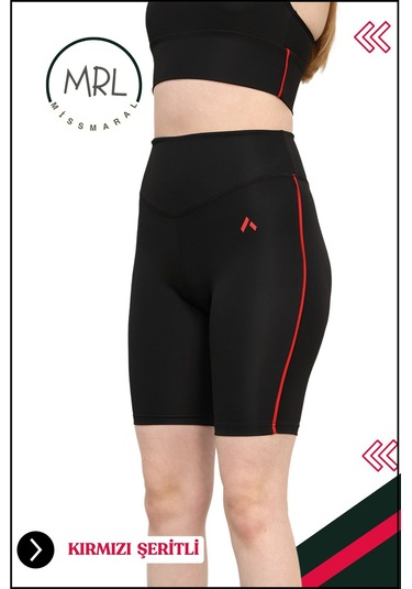 Kadın Siyah Yüksek Bel Toparlayıcı Biker Şort Kısa Spor Tayt Likralı Dalgıç Biker Tights 1043 Siyah Kırmızı
