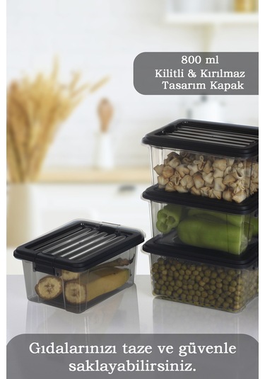 4'lü Set - 800ml Kilit Kapaklı Erzak Saklama Kabı Difriz Buzdolabı Düzenleyici Saklama Kutusu Siyah Siyah