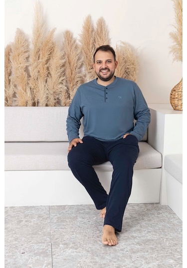 Erkek Füme Lacivert Büyük Beden 3 Düğmeli %100 Pamuk Mevsimlik Uzun Kol Cepli Pijama Takımı Füme