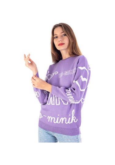 Kız Çocuk Yazı Ve Kalp Desenli Mor Renk Triko Kazak 001