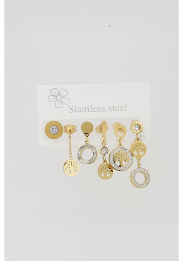 Kadın Kararmaz 6'Lı Hayat Ağacı Detaylı Çelik Set Küpe Altın-M