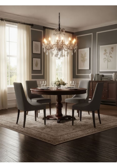 Royal Eagle İngiliz Still Yuvarlak Ahşap Oymalı Yemek Masası Ceviz
