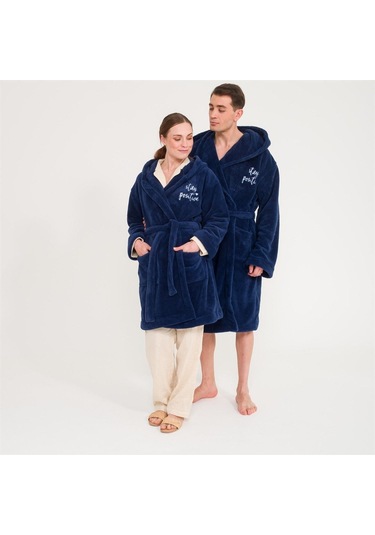 Uzun Kapüşonlu Welsoft Sabahlık Aile Seti-Lacivert