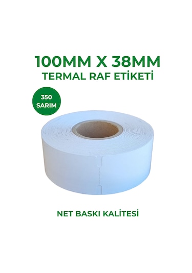 100x38 Termal Karton Raf Etiketi 350 Sarım Çentikli 10 Rulo 3500 Adet Etiket