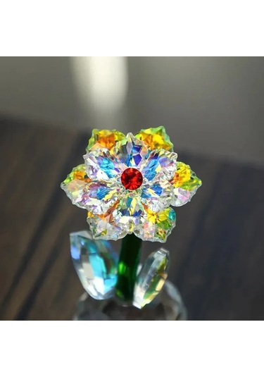Dofolink Kristal Güneş Çiçeği Vitrin Masa Ofis Dekorasyonu - Renkli Prisma K9 Kristal Ahşapüstü Vitrin Takımı