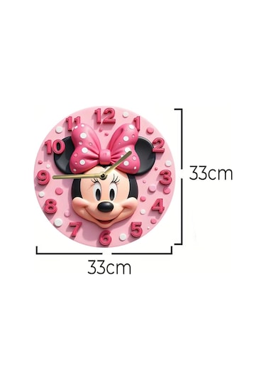 Minnie Mouse Temalı Pembe Mdf Duvar Saati 3d Görünümlü, Sessiz Mekanizmalı, 2d Hd Baskı Sdw235 Renkli