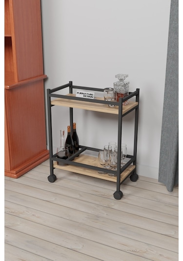 Servis Arabası Ev Tipi 2 Katlı Şişe Bölmeli Servant Atlantik Çam