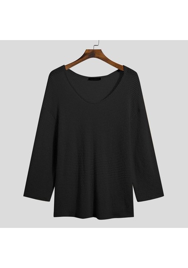 Siyah İncerun Bahar Erkek Uzun Kollu Salaş V Yaka Üstler Siyah