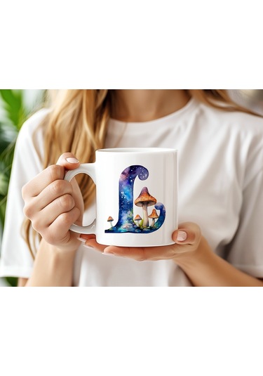 L Baş Harfi Fantastik Mantarlı Kupa Bardak - Kişiye Özel Masalsı Bardak - Hediye Beyaz