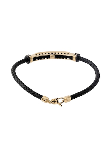 14 Ayar Altın Plaka Siyah Kauçuk Erkek Bilekliği Siyah