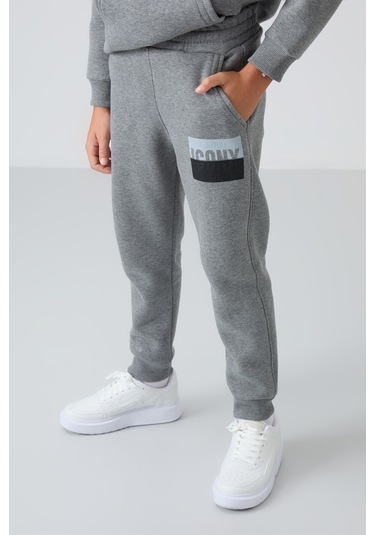 Tommy Life Gri Melanj Pamuklu Kalın İçi Tüylü Yumuşak Dokulu Standart Fit Baskılı Erkek Çocuk Eşofman Takım - Gri Melanj