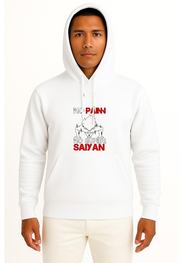 Kapüşonlu No Pain No Super Saiyan - Şınav Makinesi Göğüs Tasarımlı Unisex Sweatshirt Beyaz