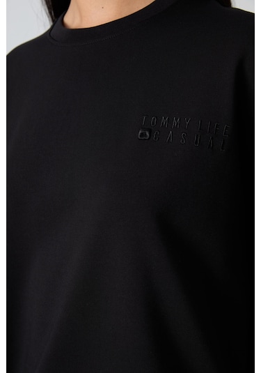 Tommy Life Siyah Basic Pamuklu O Yaka Oversize Lastik Paça Kadın Eşofman Takım - 95287 Siyah