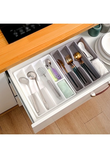 Oldfriend Beyaz Mutfak Çekmece Organizatörü: Bıçak Çatal Saklama Tepsili Plastik Organizer Beyaz