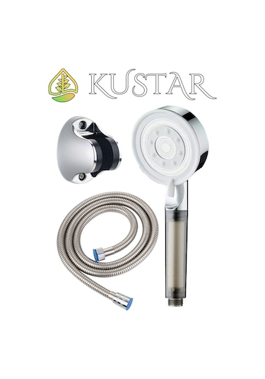 Kustar 3'lü Krom Çelik Duş Seti Filtreli 5 Fonksiyonlu Duş Başlığı El Duşu 150cm Duş Hortumu Ve Duş Askı Gri